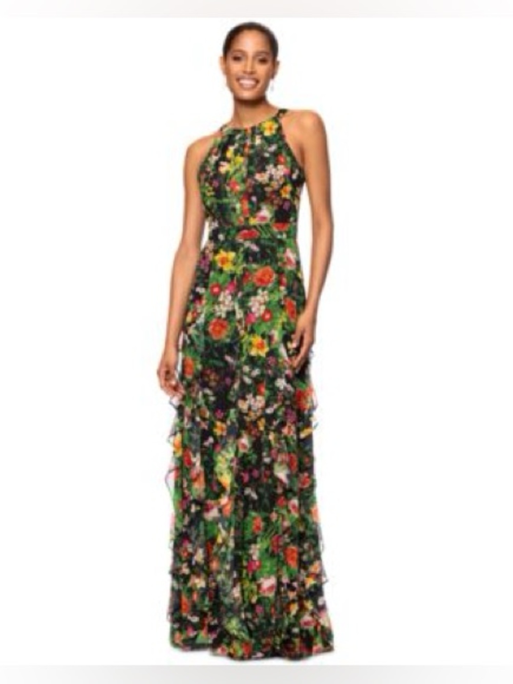Betsy & Adam Black Floral Halter Maxi with Ruffle Tiers